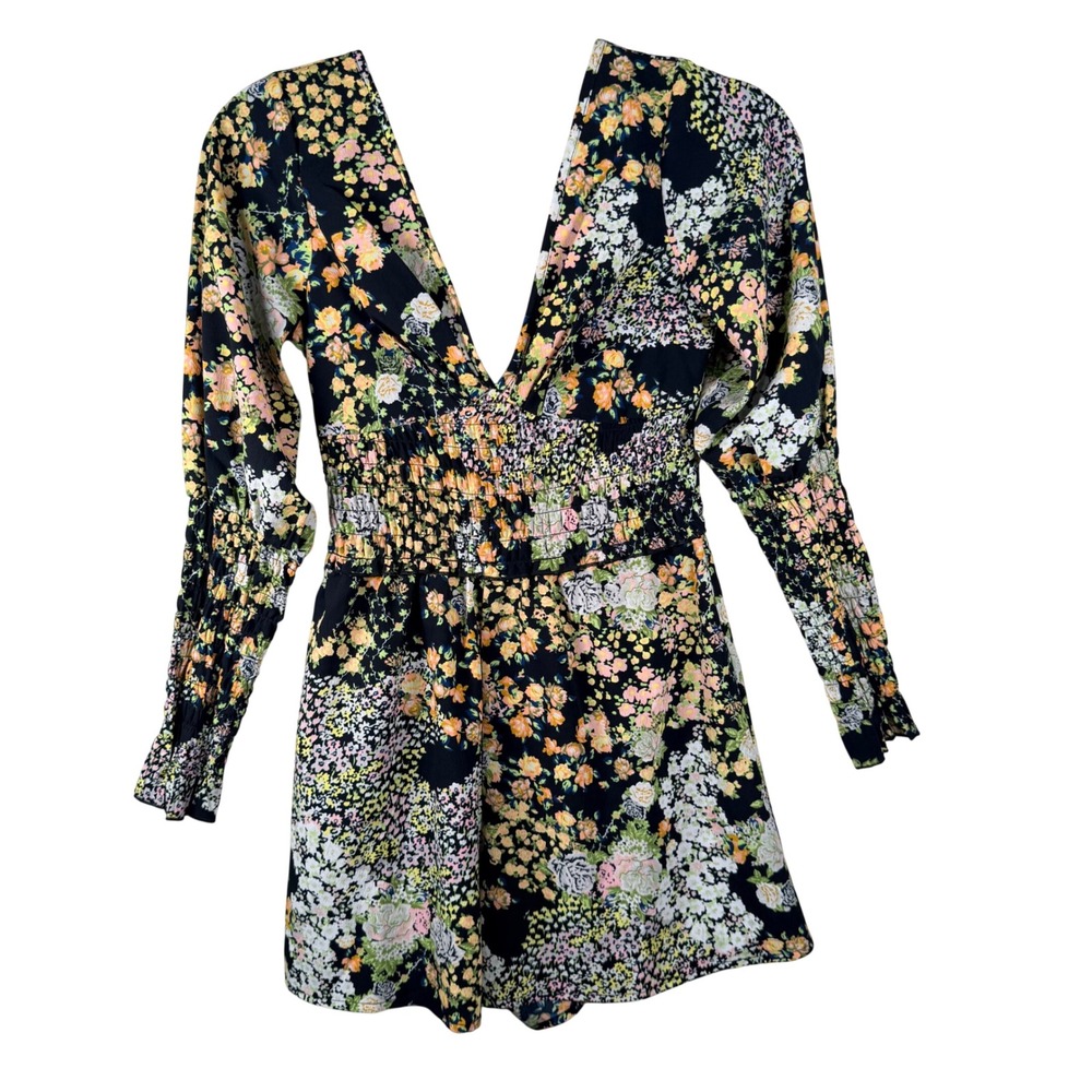 ASOS Womens Floral Long Sleeve‎ Smocked Waist Romper Deep V-Neck size 2